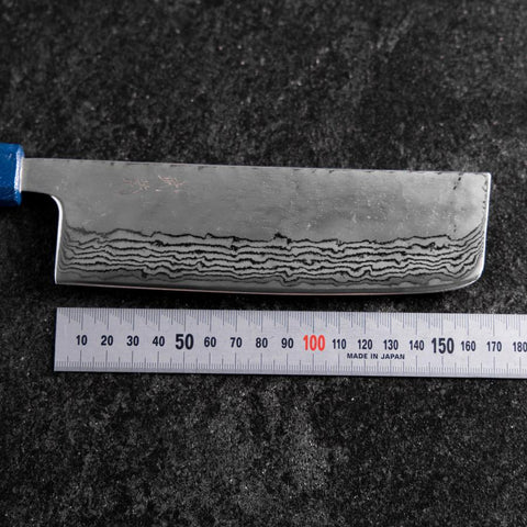 Nakiri Silver Steel #3 Nashiji Mirror Damascus Blue Urushi Handle 165mm-[Musashi]-[Japanese-Kitchen-Knives]