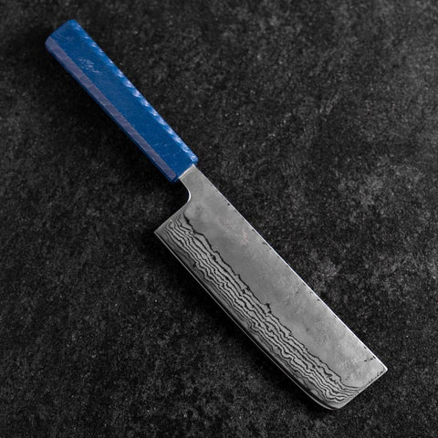 Nakiri Silver Steel #3 Nashiji Mirror Damascus Blue Urushi Handle 165mm-[Musashi]-[Japanese-Kitchen-Knives]