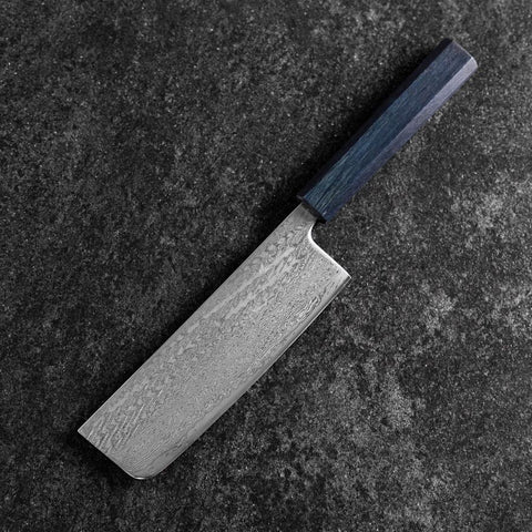 Nakiri Silver Steel #3 Nawame Damascus Dark Blue Urushi Handle 165mm (6.5”)-[Musashi]-[Japanese-Kitchen-Knives]