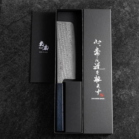 Nakiri Silver Steel #3 Nawame Damascus Dark Blue Urushi Handle 165mm (6.5”)-[Musashi]-[Japanese-Kitchen-Knives]