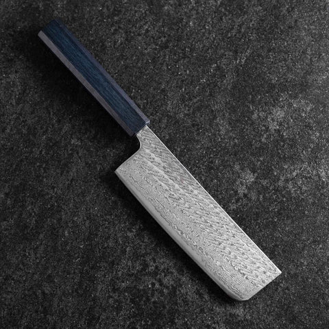 Nakiri Silver Steel #3 Nawame Damascus Dark Blue Urushi Handle 165mm-[Musashi]-[Japanese-Kitchen-Knives]