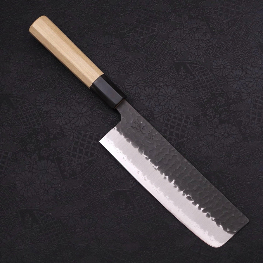 Nakiri Stainless Clad Aogami-Super Kurouchi Tsuchime Buffalo Magnolia Handle 165mm-Aogami Super-Kurouchi-Japanese Handle-[Musashi]-[Japanese-Kitchen-Knives]
