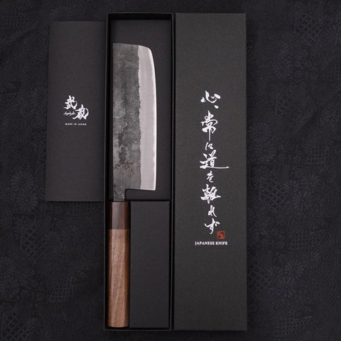 Nakiri Stainless Clad Blue Steel #2 Kurouchi Walnut Shitan Handle 165mm (6.5”)-[Musashi]-[Japanese-Kitchen-Knives]