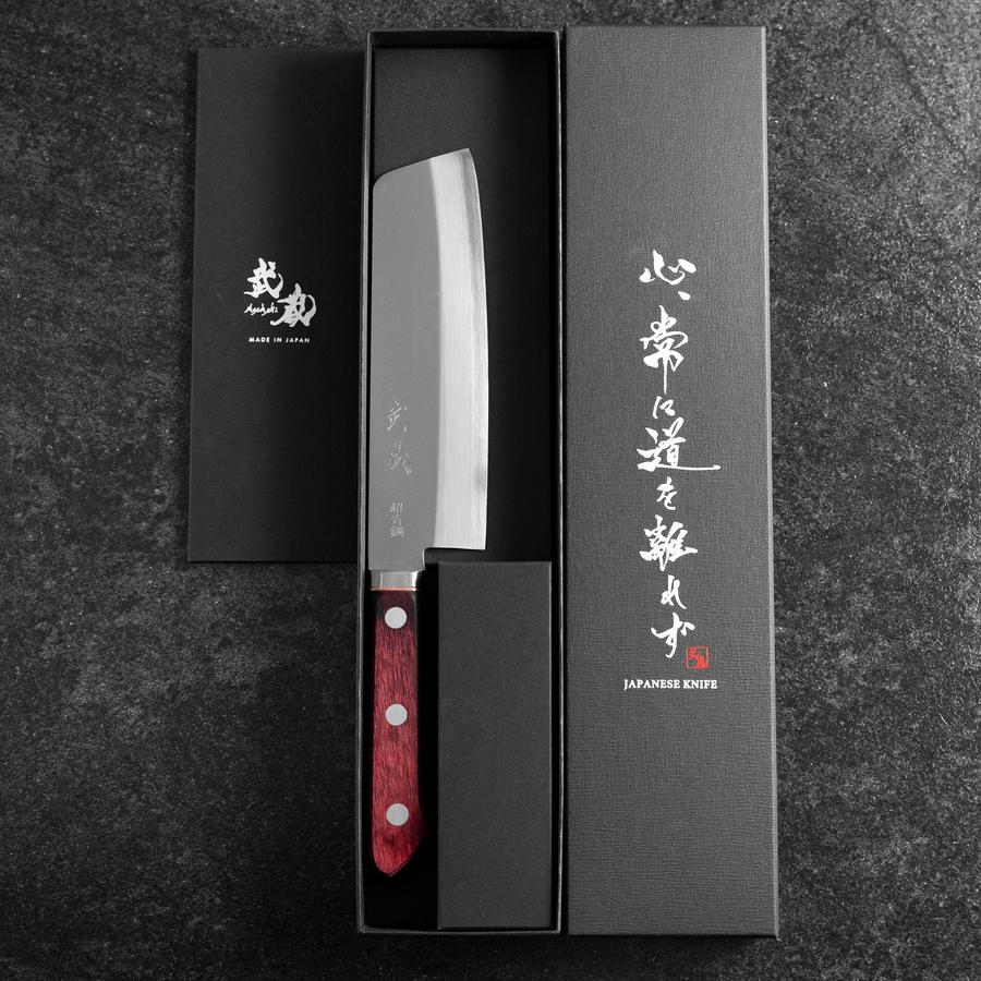青紙スーパー 黒打 菜切包丁 165㎜ G9393 月光作 1点物 菜切 青紙スーパー 黒打槌目 洋風柄 165mm – MUSASHI
