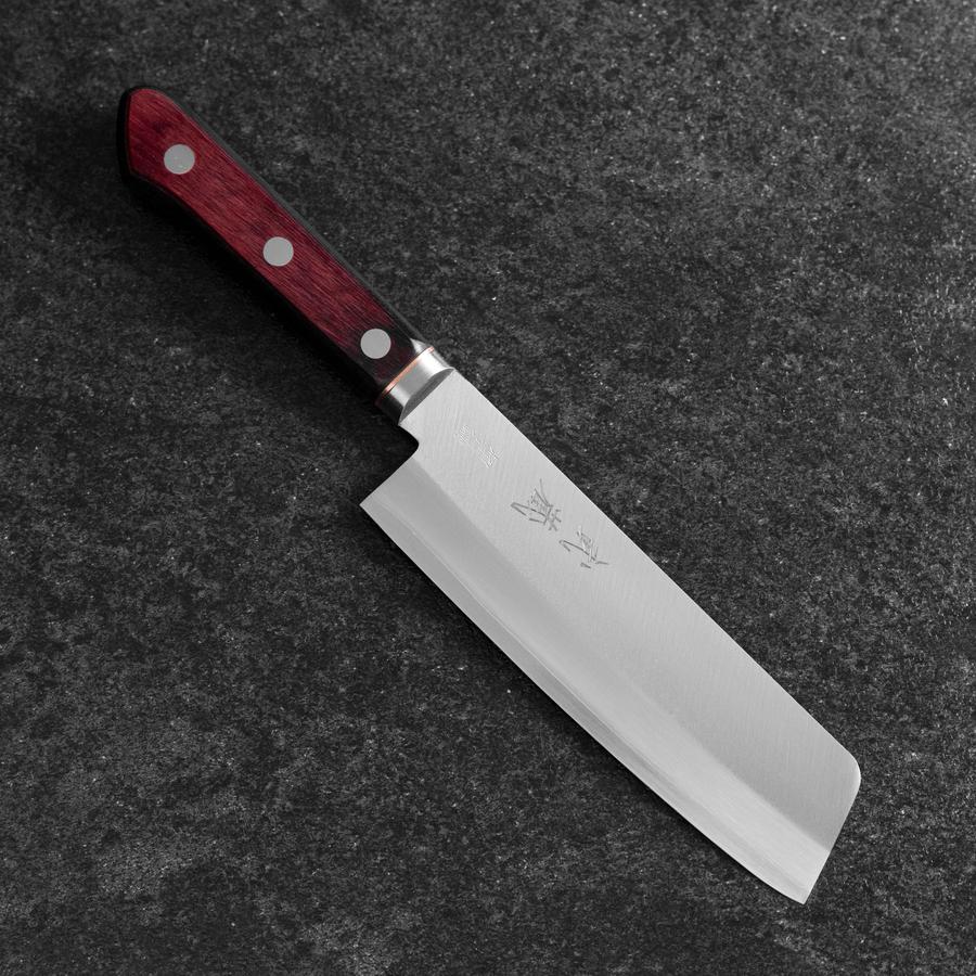 青紙スーパー 黒打 菜切包丁 165㎜ G9393 月光作 1点物 菜切 青紙スーパー 黒打槌目 洋風柄 165mm – MUSASHI