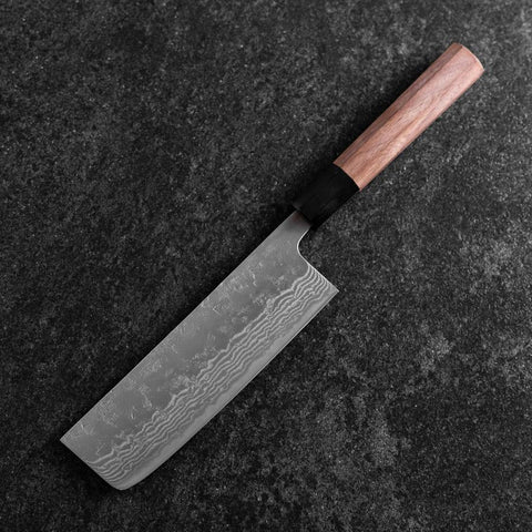 Nakiri Sweden Stainless Steel Nashiji Washi Damascus Buffalo Walnut Handle 165mm-[Musashi]-[Japanese-Kitchen-Knives]