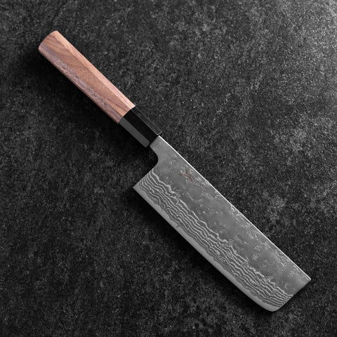 Nakiri Sweden Stainless Steel Nashiji Washi Damascus Buffalo Walnut Handle 165mm-[Musashi]-[Japanese-Kitchen-Knives]