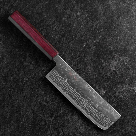 Nakiri Sweden Stainless Steel Nashiji Washi Damascus Purple Urushi Handle 165mm-[Musashi]-[Japanese-Kitchen-Knives]