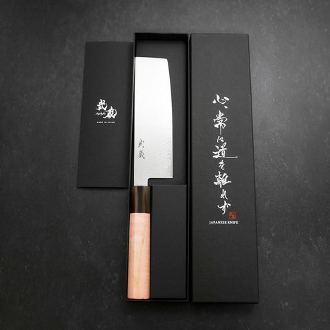 Nakiri VG-10 Damascus Buffalo Light Pink Maple Handle 170mm (6.7”)-[Musashi]-[Japanese-Kitchen-Knives]