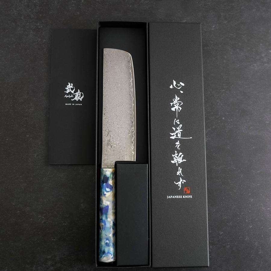 Nakiri VG-10 Damascus Ocean Blue-White Mix Handle 165mm-[Musashi]-[Japanese-Kitchen-Knives]