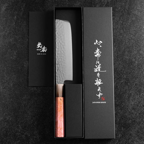 Nakiri VG-10 Tsuchime Damascus Buffalo Dark Pink Maple Handle 170mm-[Musashi]-[Japanese-Kitchen-Knives]