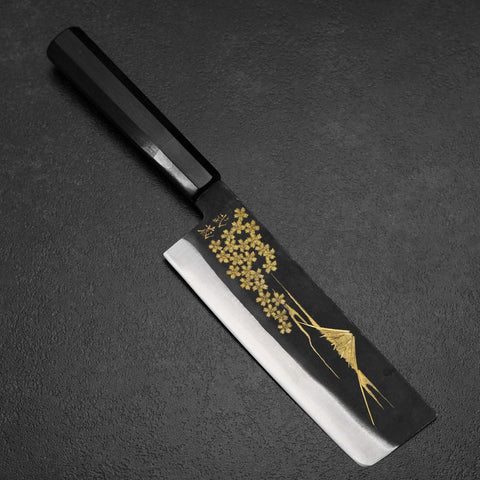Nakiri White Steel #2 Kurouchi Chokin Sakura-Fuji Buffalo Ebony Handle 165mm-[Musashi]-[Japanese-Kitchen-Knives]