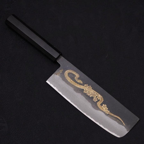 Nakiri White Steel #2 Kurouchi Chokin Snake-Sakura Buffalo Ebony Handle 165mm (6.5”)-[Musashi]-[Japanese-Kitchen-Knives]