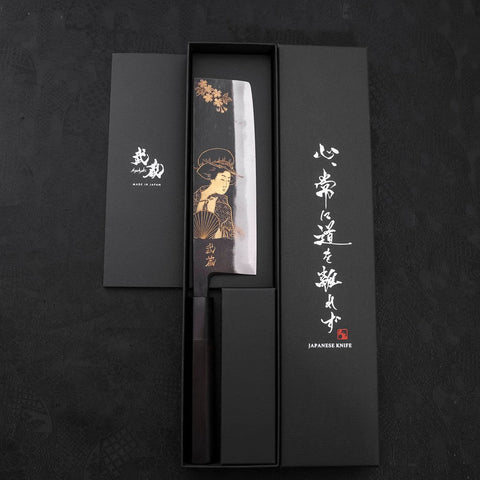 Nakiri White Steel #2 Kurouchi Chokin Ukiyo-E Buffalo Ebony Handle 165mm (6.5”)-[Musashi]-[Japanese-Kitchen-Knives]