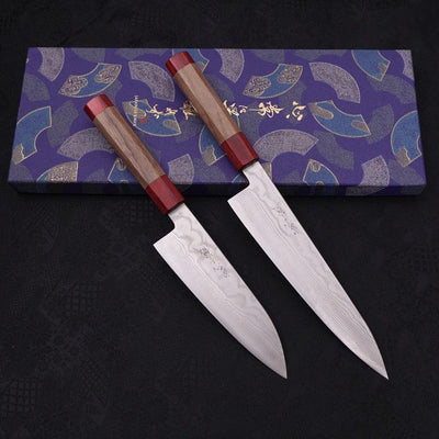 Nickel Damascus Gyuto/Santoku Set Traditional Washi Gift Wrapping-Blue-Silver steel #3-Damascus-Japanese Handle-[Musashi]-[Japanese-Kitchen-Knives]