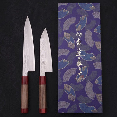 Nickel Damascus Gyuto/Santoku Set Traditional Washi Gift Wrapping-Blue-Silver steel #3-Damascus-Japanese Handle-[Musashi]-[Japanese-Kitchen-Knives]