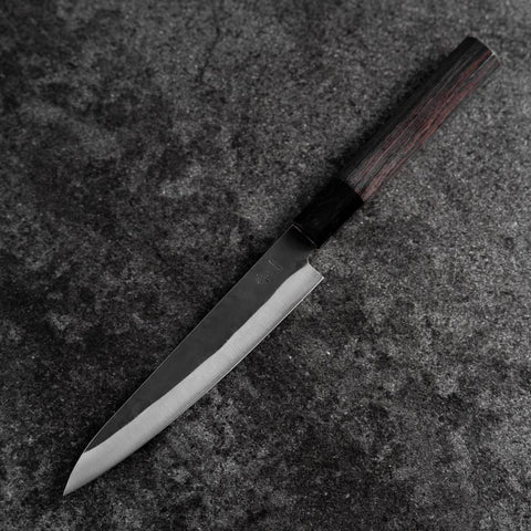 Petty Blue Steel #1 Stainless Clad Kurouchi Buffalo Ebony Handle 150mm-[Musashi]-[Japanese-Kitchen-Knives]