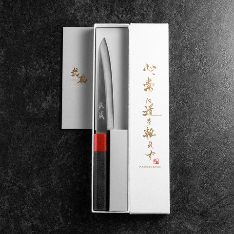 Petty Blue Steel #1 Stainless Clad Polished Red Black Urushi Handle 150mm-[Musashi]-[Japanese-Kitchen-Knives]