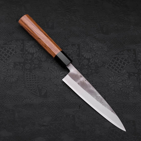 Petty Blue Steel #2 Nashiji Stainless Clad Buffalo Teak Handle 135mm (5.3”)-[Musashi]-[Japanese-Kitchen-Knives]