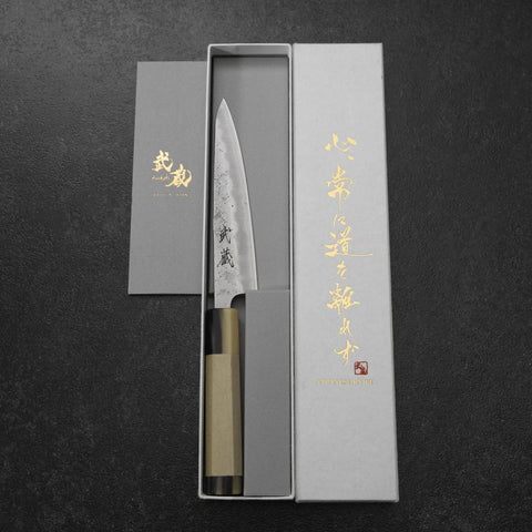 Petty Silver Steel #3 Nashiji Double Buffalo Capped Magnolia Handle 135mm-[Musashi]-[Japanese-Kitchen-Knives]