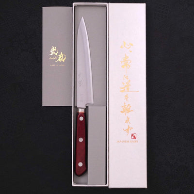 Petty Stainless Clad Aogami-Super Polished Red Western Handle 145mm-Aogami Super-Polished-Western Handle-[Musashi]-[Japanese-Kitchen-Knives]