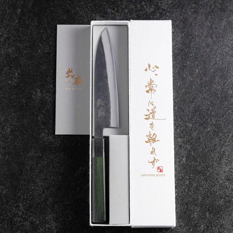 Petty Stainless Clad Blue Steel #2 Kurouchi Green Urushi Handle 150mm (5.9”)-[Musashi]-[Japanese-Kitchen-Knives]