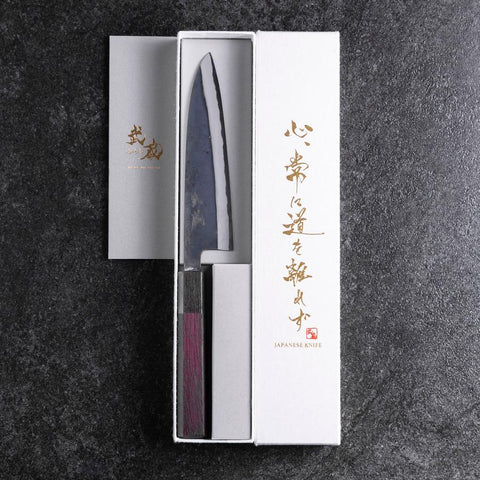 Petty Stainless Clad Blue Steel #2 Kurouchi Purple Urushi Handle 150mm-[Musashi]-[Japanese-Kitchen-Knives]