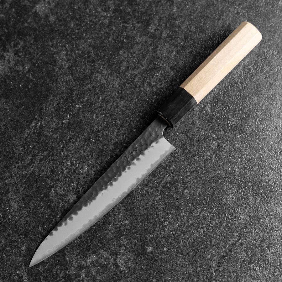 Petty Stainless Clad Blue Super Kurouchi Tsuchime Buffalo Magnolia Handle 150mm-[Musashi]-[Japanese-Kitchen-Knives]