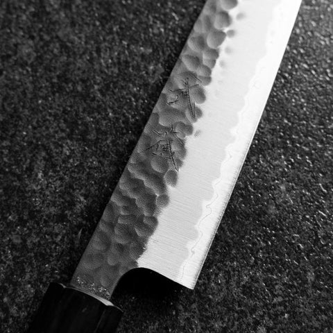 Petty Stainless Clad Blue Super Kurouchi Tsuchime Buffalo Magnolia Handle 150mm-[Musashi]-[Japanese-Kitchen-Knives]