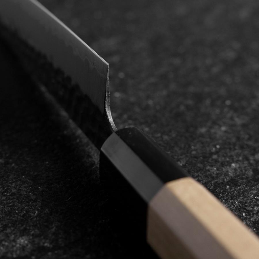 Petty Stainless Clad Blue Super Kurouchi Tsuchime Buffalo Magnolia Handle 150mm-[Musashi]-[Japanese-Kitchen-Knives]