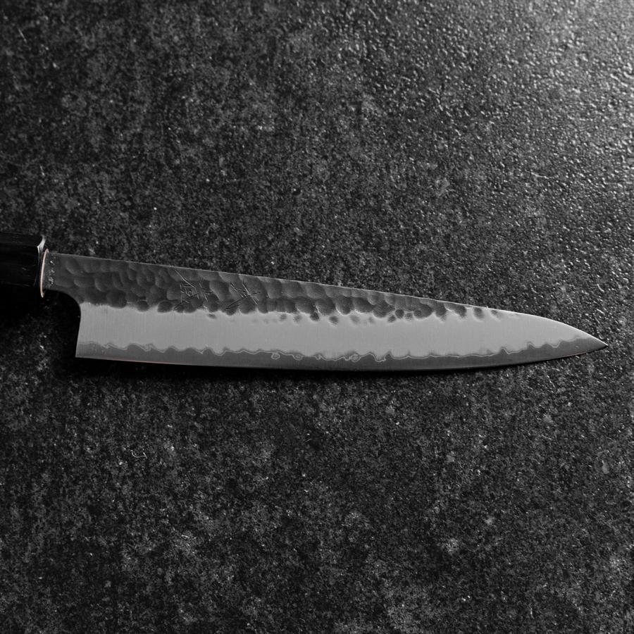 Petty Stainless Clad Blue Super Kurouchi Tsuchime Buffalo Magnolia Handle 150mm-[Musashi]-[Japanese-Kitchen-Knives]