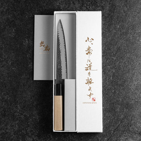 Petty Stainless Clad Blue Super Kurouchi Tsuchime Buffalo Magnolia Handle 150mm-[Musashi]-[Japanese-Kitchen-Knives]