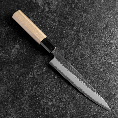 Petty Stainless Clad Blue Super Kurouchi Tsuchime Buffalo Magnolia Handle 150mm-[Musashi]-[Japanese-Kitchen-Knives]