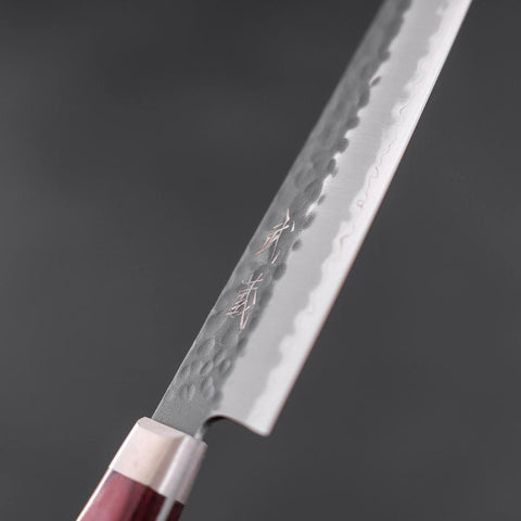 Petty Stainless Clad Blue Super Kurouchi Tsuchime Red Western Handle 150mm (5.9”)-[Musashi]-[Japanese-Kitchen-Knives]