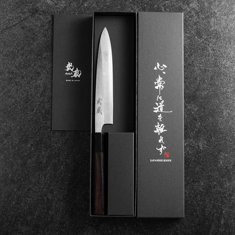 Petty Stainless Clad White Steel #2 Polished Buffalo Ebony Handle 170mm-[Musashi]-[Japanese-Kitchen-Knives]