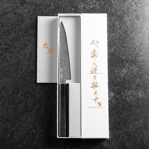Petty VG-10 Damascus Buffalo Ebony Handle 150mm (5.9”)-[Musashi]-[Japanese-Kitchen-Knives]