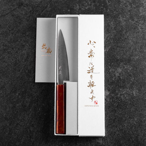 Petty VG-10 Damascus Yamanaka Red Urushi Handle 135mm-[Musashi]-[Japanese-Kitchen-Knives]