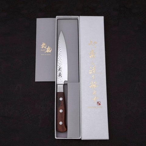 Petty VG-10 Mirror Tsuchime Damascus Mahogany Handle 135mm (5.3”)-[Musashi]-[Japanese-Kitchen-Knives]