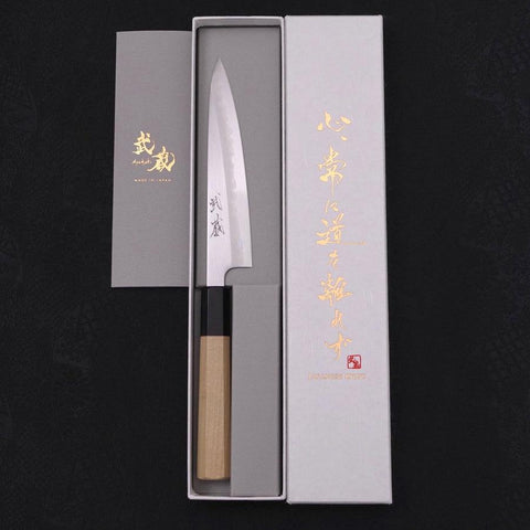 Petty White Steel #1 Polished Buffalo Magnolia Handle 135mm (5.3”)-[Musashi]-[Japanese-Kitchen-Knives]