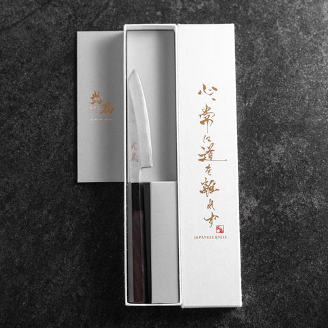 Petty White Steel #2 Stainless Clad Kasumi Buffalo Ebony Handle 110mm-[Musashi]-[Japanese-Kitchen-Knives]