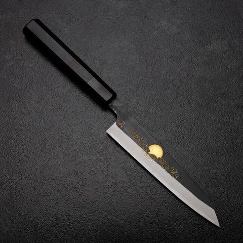 Petty White Steel #2 Stainless Clad Kurouchi Chokin Auspicious Cloud-Sun Buffalo Ebony Handle 150mm (5.9”)-[Musashi]-[Japanese-Kitchen-Knives]