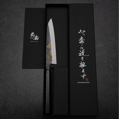 Petty White Steel #2 Stainless Clad Kurouchi Chokin Butterfly Buffalo Ebony Handle 150mm-[Musashi]-[Japanese-Kitchen-Knives]