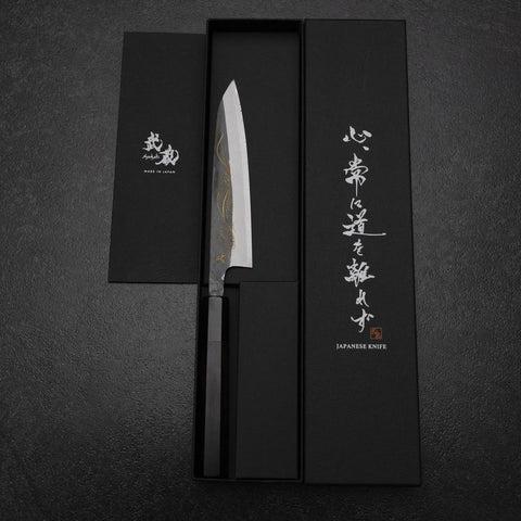Petty White Steel #2 Stainless Clad Kurouchi Chokin Nami Buffalo Ebony Handle 150mm (5.9”)-[Musashi]-[Japanese-Kitchen-Knives]