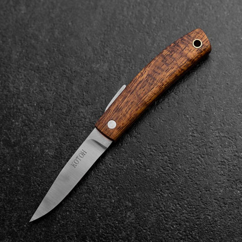 Pocket Knife AUS-8 Hawaiian Koa Outdoor Knife 75mm with Leather Sheath (2.2”)-[Musashi]-[Japanese-Kitchen-Knives]