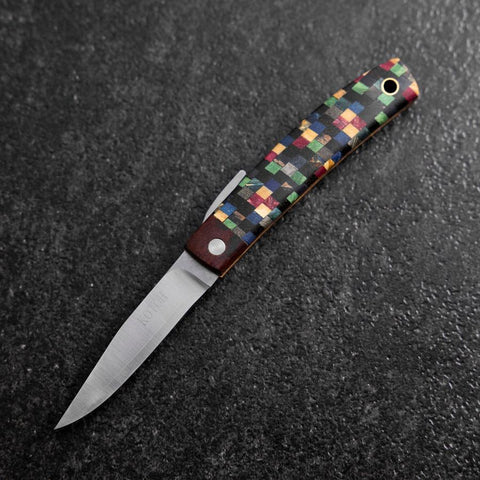 Pocket Knife VG-10 Plaid Stabilized Wood Outdoor Knife 55mm with Leather Sheath (2.2”)-[Musashi]-[Japanese-Kitchen-Knives]