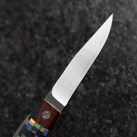 Pocket Knife VG-10 Plaid Stabilized Wood Outdoor Knife 55mm with Leather Sheath (2.2”)-[Musashi]-[Japanese-Kitchen-Knives]
