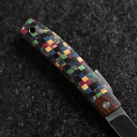 Pocket Knife VG-10 Plaid Stabilized Wood Outdoor Knife 55mm with Leather Sheath (2.2”)-[Musashi]-[Japanese-Kitchen-Knives]