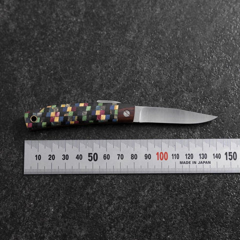 Pocket Knife VG-10 Plaid Stabilized Wood Outdoor Knife 55mm with Leather Sheath (2.2”)-[Musashi]-[Japanese-Kitchen-Knives]
