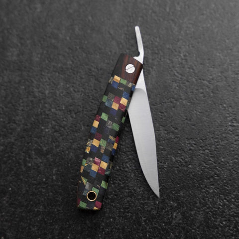 Pocket Knife VG-10 Plaid Stabilized Wood Outdoor Knife 55mm with Leather Sheath-[Musashi]-[Japanese-Kitchen-Knives]