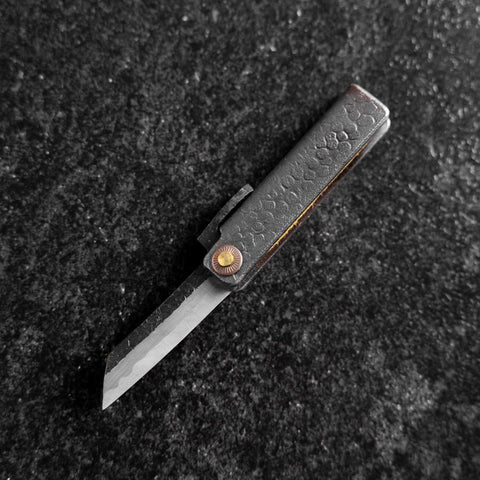 Pocket Knife White Steel #2 60mm Carbon Kurouchi Tsuchime Knifegata with Paulownia Wooden Box-[Musashi]-[Japanese-Kitchen-Knives]